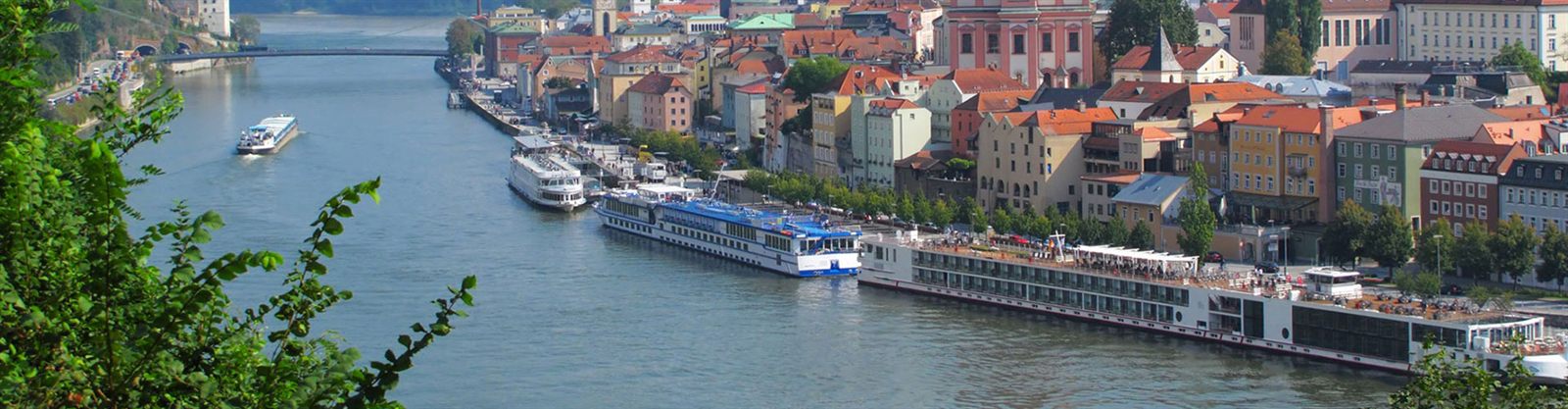 River cruise ships moored along the riverfront of an old Danube town
