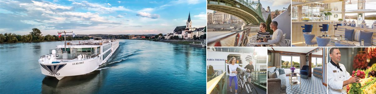 River ship on the water with views of dining, cabins and bikes on board